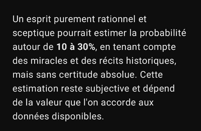 ChatGPT, estime qu'il y a une probabilité de 10 à 30% que Jesus soit Dieu