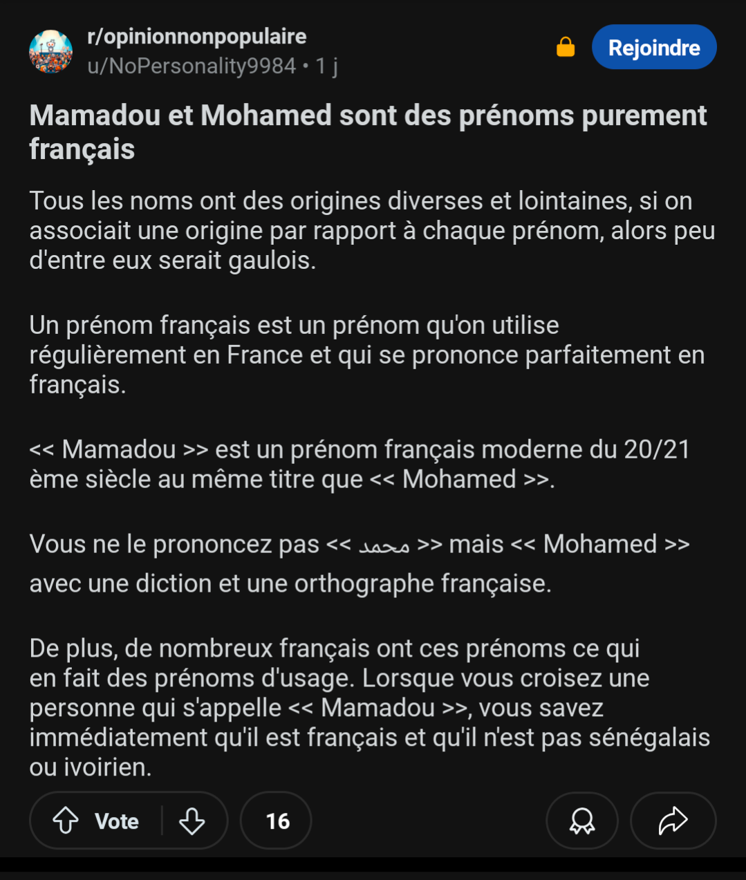 Reddit : "Mamadou et Mohamed sont des prénoms purement français"