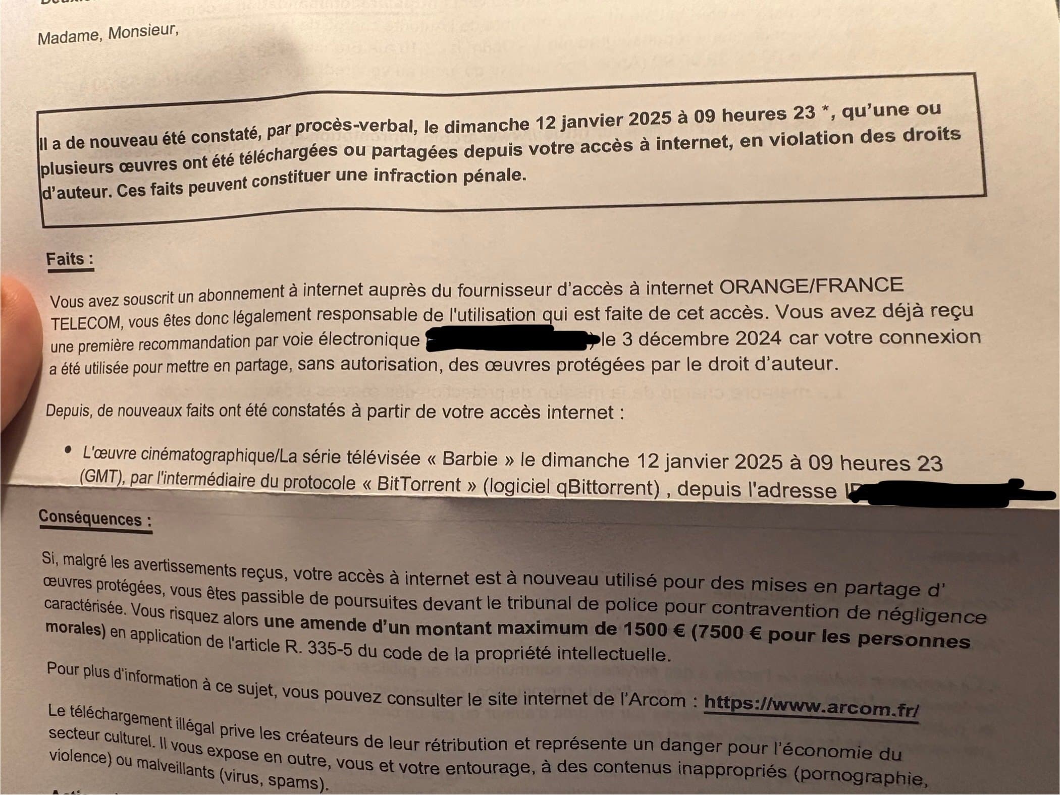 AYAAA L’ARCOM m’a envoyé une DEUXIÈME lettre