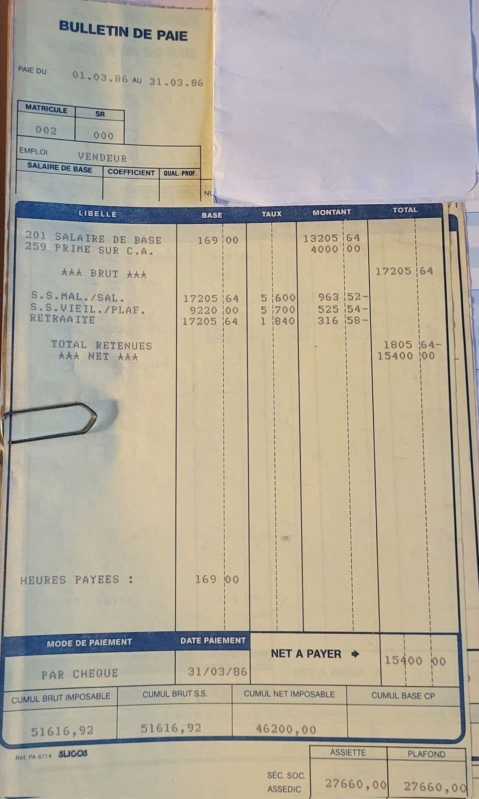 Fiche de salaire en 1986 vs now