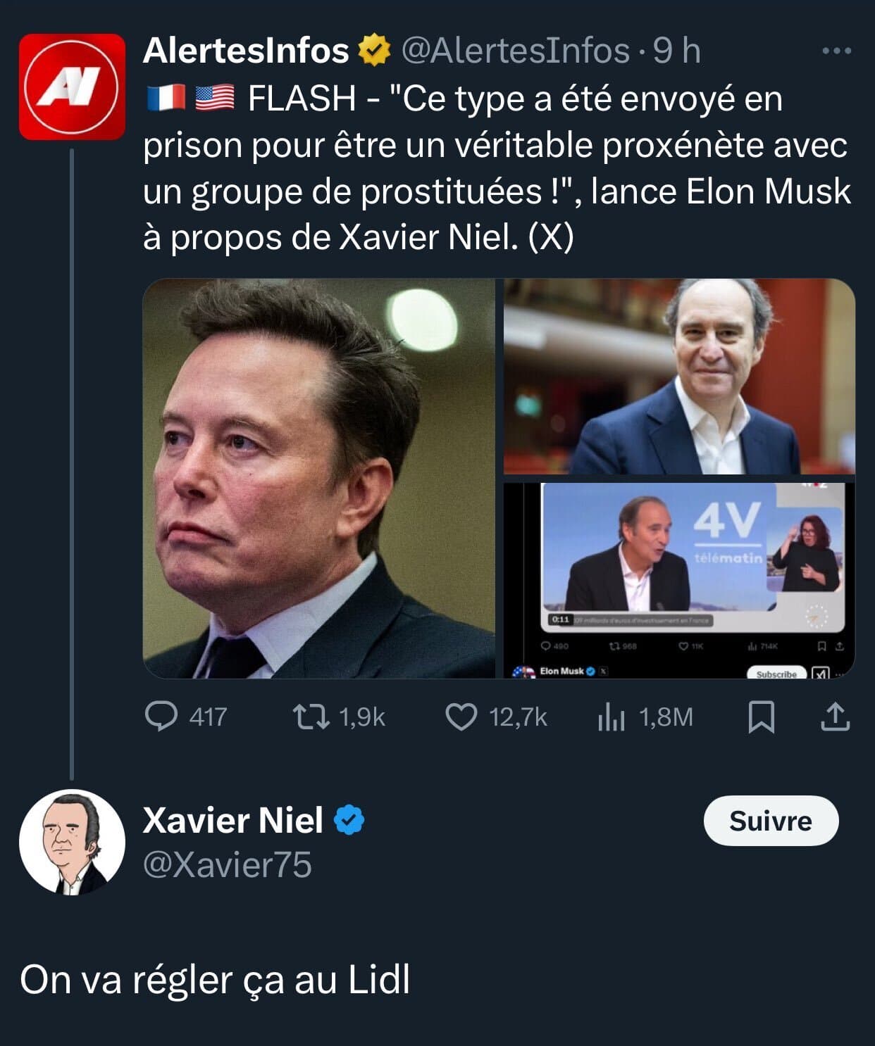 INFO : Xavier Niel se fait traité de proxénète par Musk il lui répond "on va régler ça au LIDL"