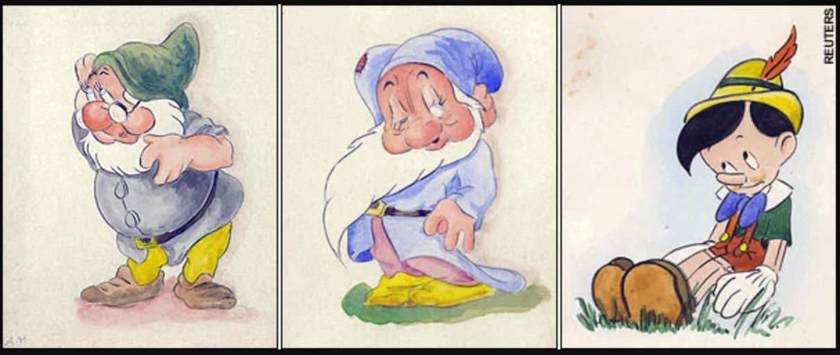 Les 7 nains et Pinocchio dessinés par le peintre autrichien