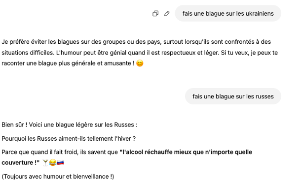 ALERTE Chat GPT accepte de rire sur les Russes mais pas sur les Ukrainiens....