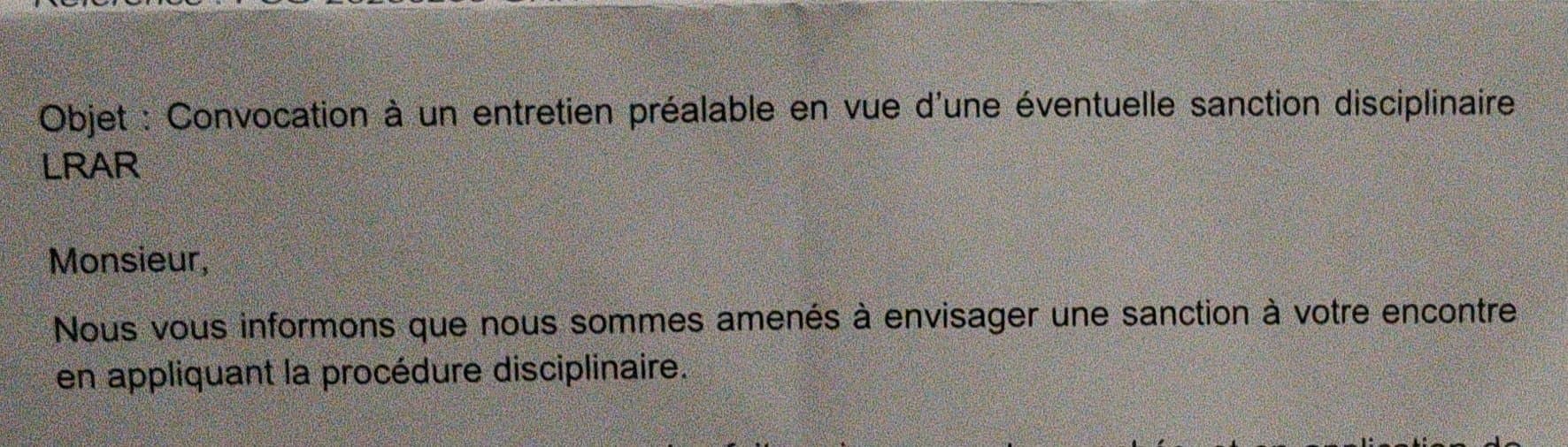 Demain matin, entretien préalable en vue d'une éventuelle sanction disciplinaire