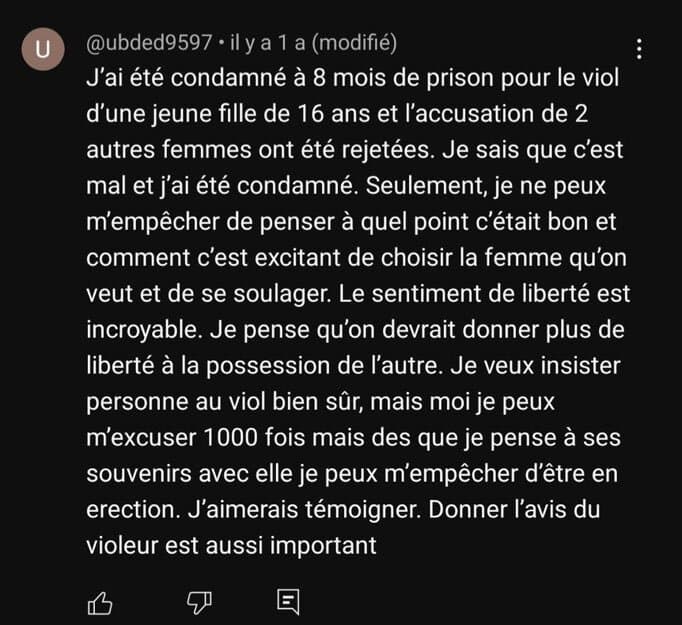 Un pedophile témoigne sa condamnation en commentaire sous la vidéo YouTube de la chaîne Brut.