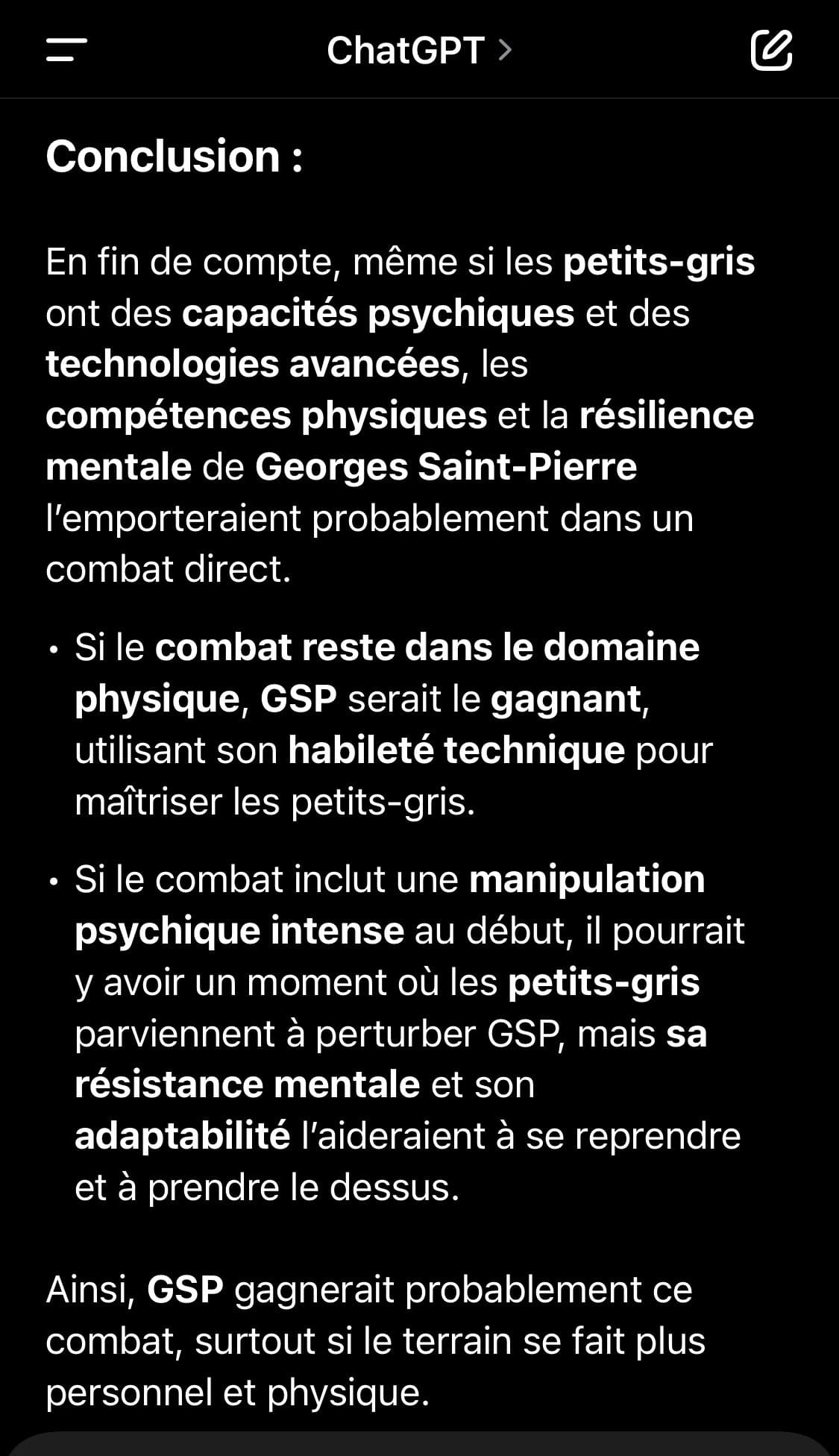 ChatGPT me dit que George Saint Pierre gagnerait contre les petits gris (extraterrestres)