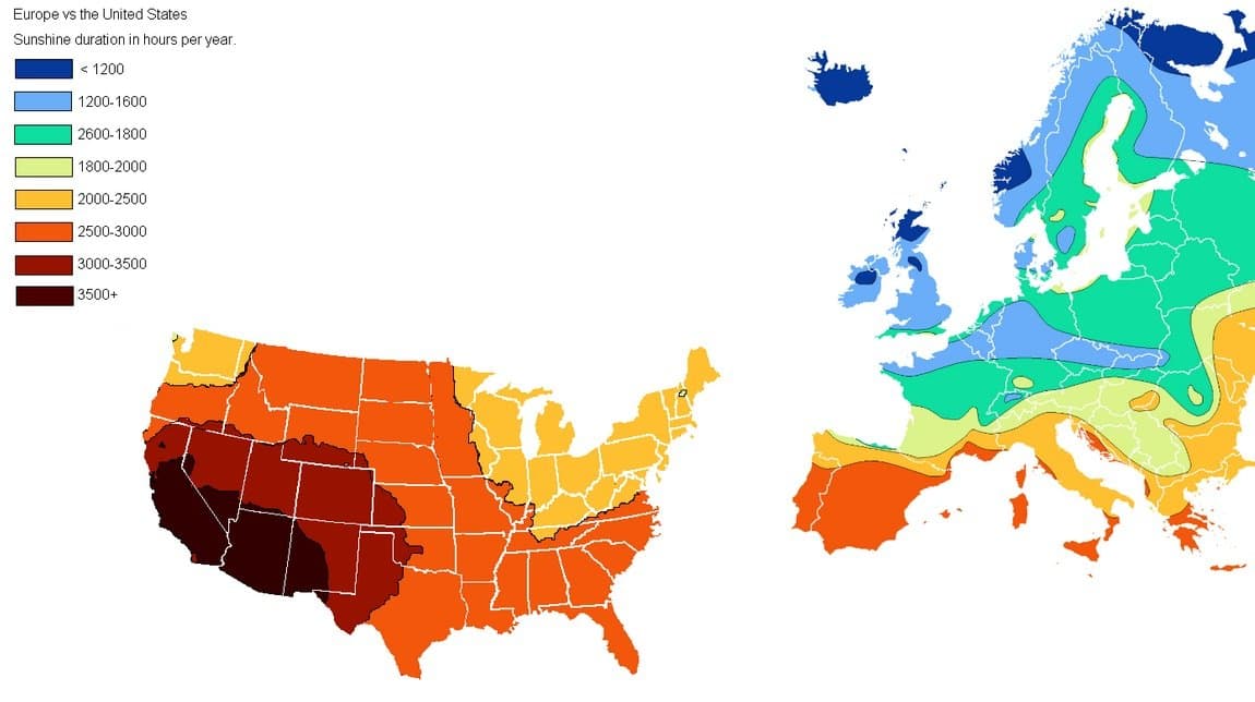 L'ensoleillement des USA vs l'Europe