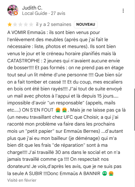 Elle fait un DON à EMMAEUS --> il viennent détruire son APPART