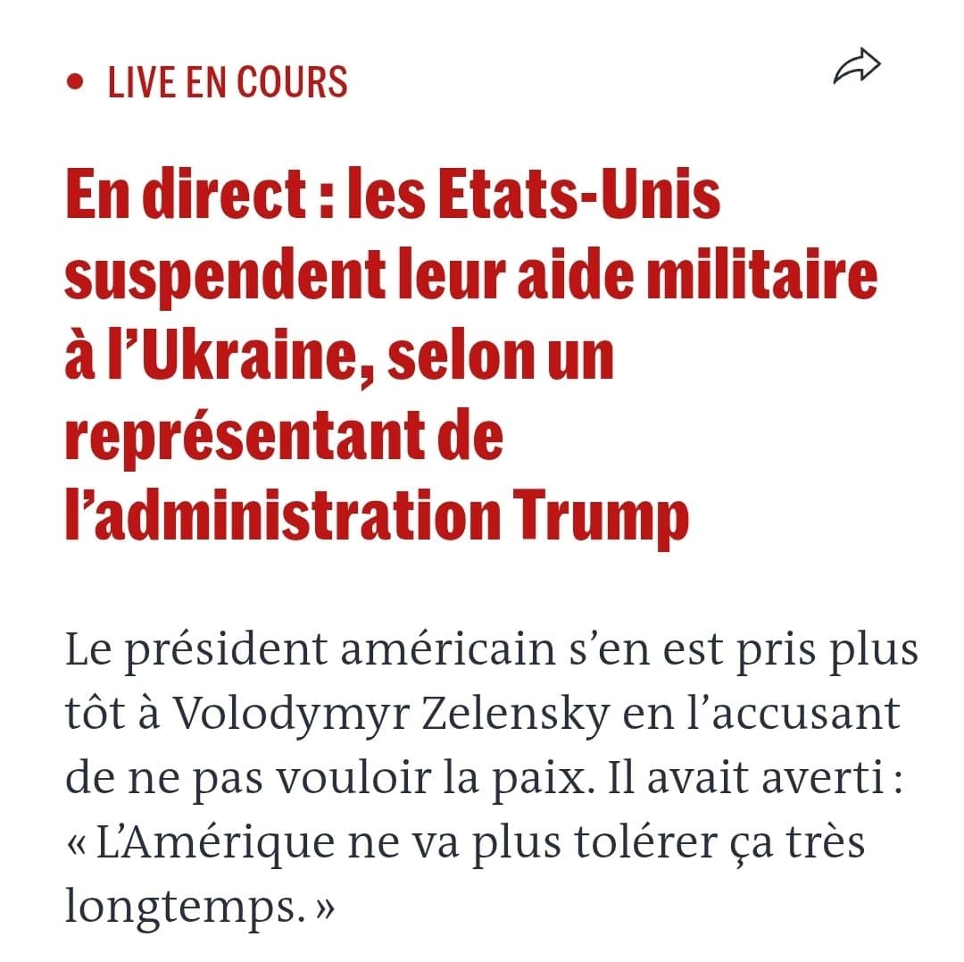 [ 🚨 🚨] TRUMP SUSPEND L'AIDE MILITAIRE À L'UKRAINE