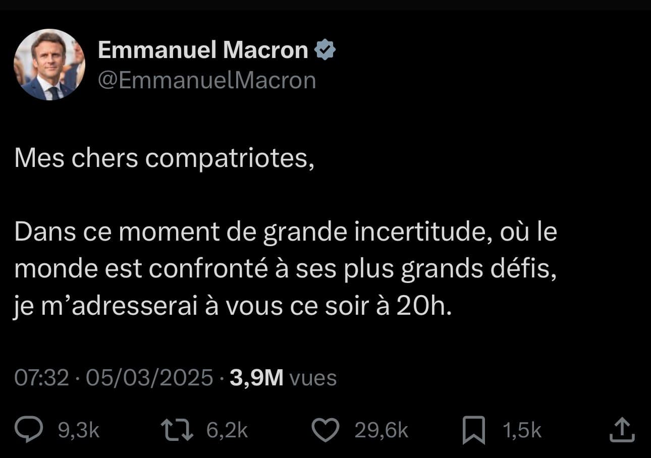 MACRON va S’EXPRIMER ce soir 20h