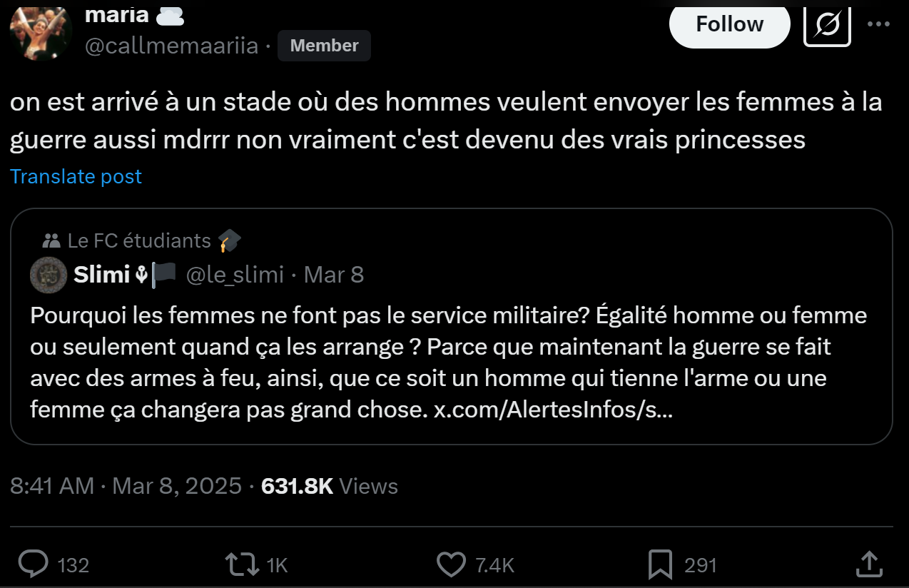 Les FEMMES TROUVENT ça pas JUSTE de faire le SERVICE MILITAIRE comme les HOMMES