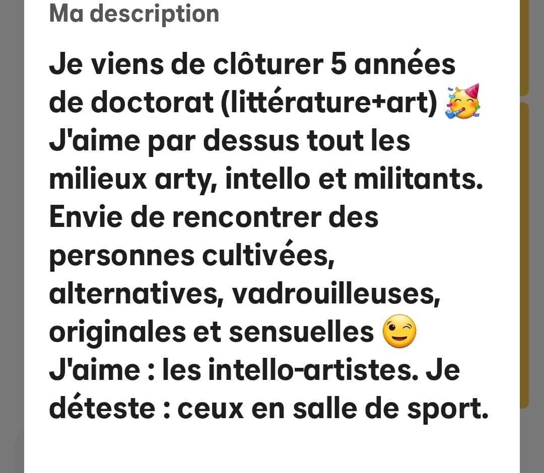 (Tinder) Que pense l'élite de la bio de cette féministe?