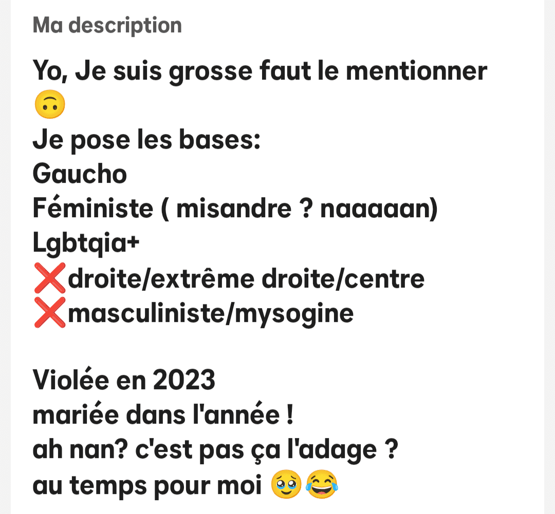 [Putain] Elle se fait violer en 2023 et le mentionne dans sa bio BUMBLE