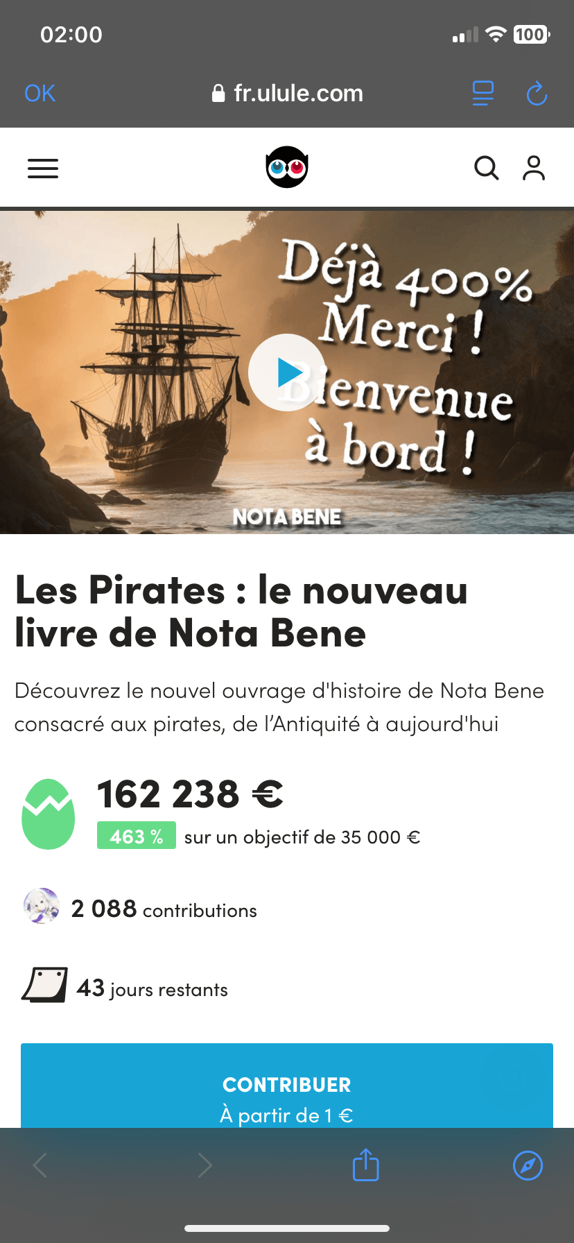 Nota Bene demande 35000 euros pour écrire un livre sur les pirates.