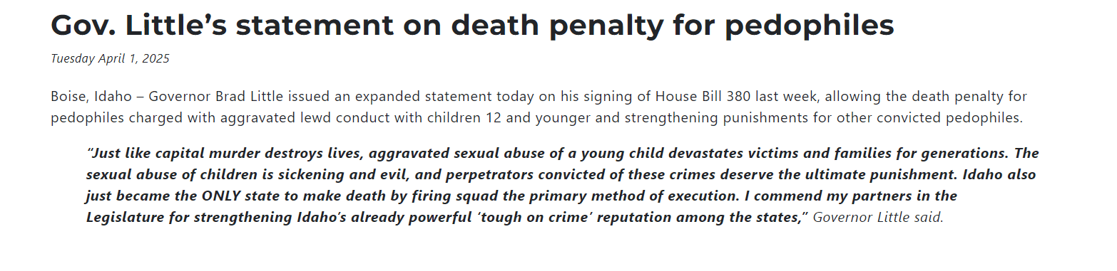 🔴🔴🔴🔴🔴🔴PEINE DE MORT POUR LES PEDOPHILES AUTORISÉE EN IDAHO (USA 🇺🇸🇺🇸🇺🇸)