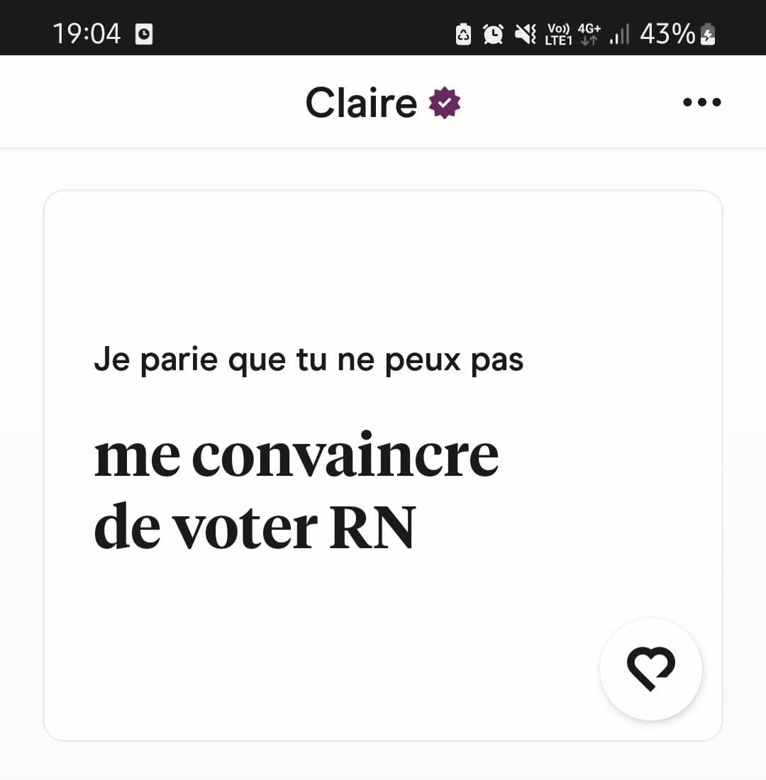 Cette meuf sur Hinge te met au défi de lui faire voter RN