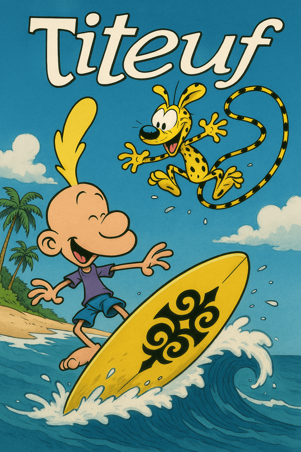 Titeuf fait du surf avec marsupilami