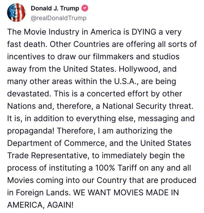 TRUMP "en 2025 HOLLYWOOD est MORT ! j'impose 100% de DOUANE sur les films faits à l'étranger"