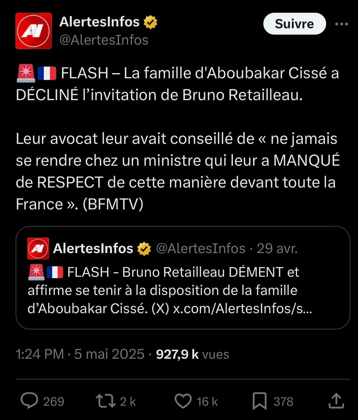 (Screen) La famille du Khey Aboubakar HUMILIE totalement le CHOF Retailleau !