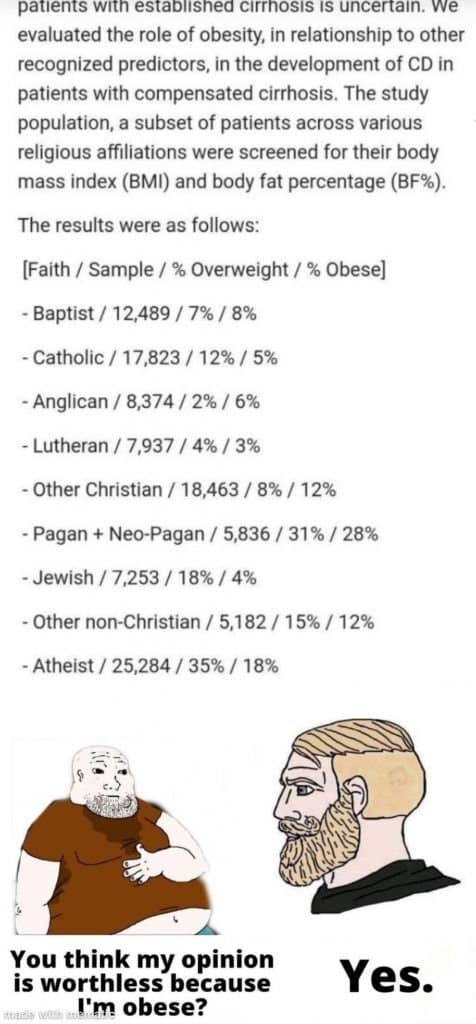 + t'es ATHÉE, + t'as de CHANCES d'être OBÈSE