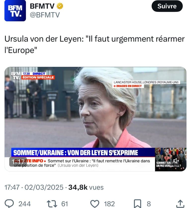 (🚨) VON der LEYEN : « il faut RÉARMER l’EUROPE immédiatement !