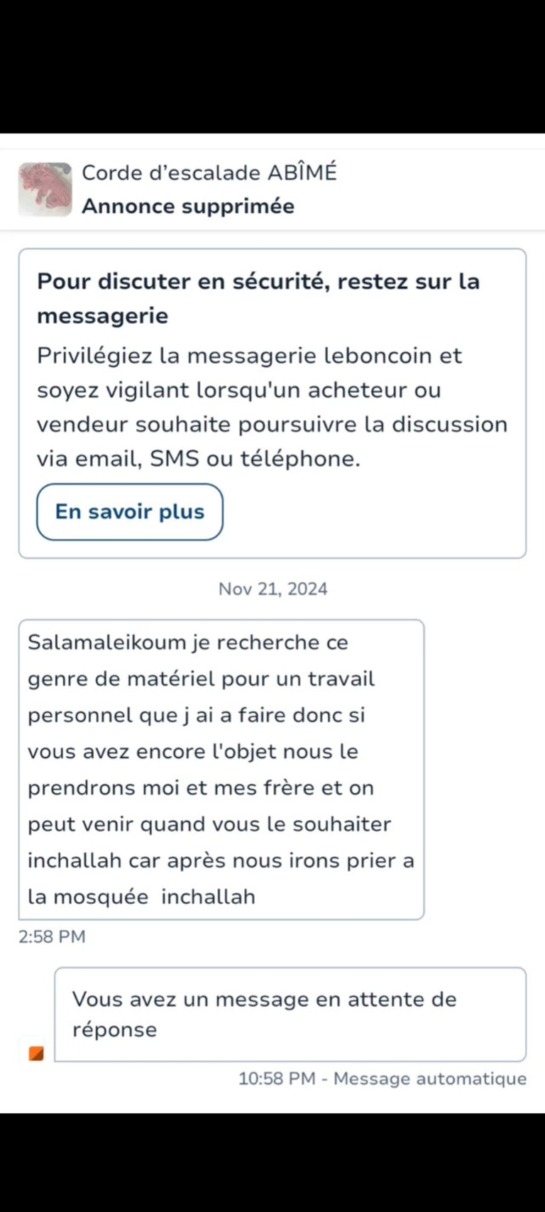 Il vend une corde d'escalade sur le bon coin et reçoit un message etrange