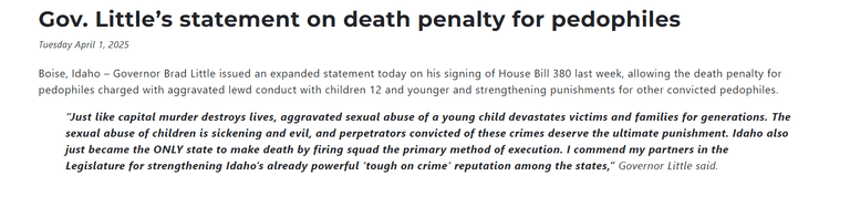 🔴🔴🔴🔴🔴🔴PEINE DE MORT POUR LES PEDOPHILES AUTORISÉE EN IDAHO (USA 🇺🇸🇺🇸🇺🇸)